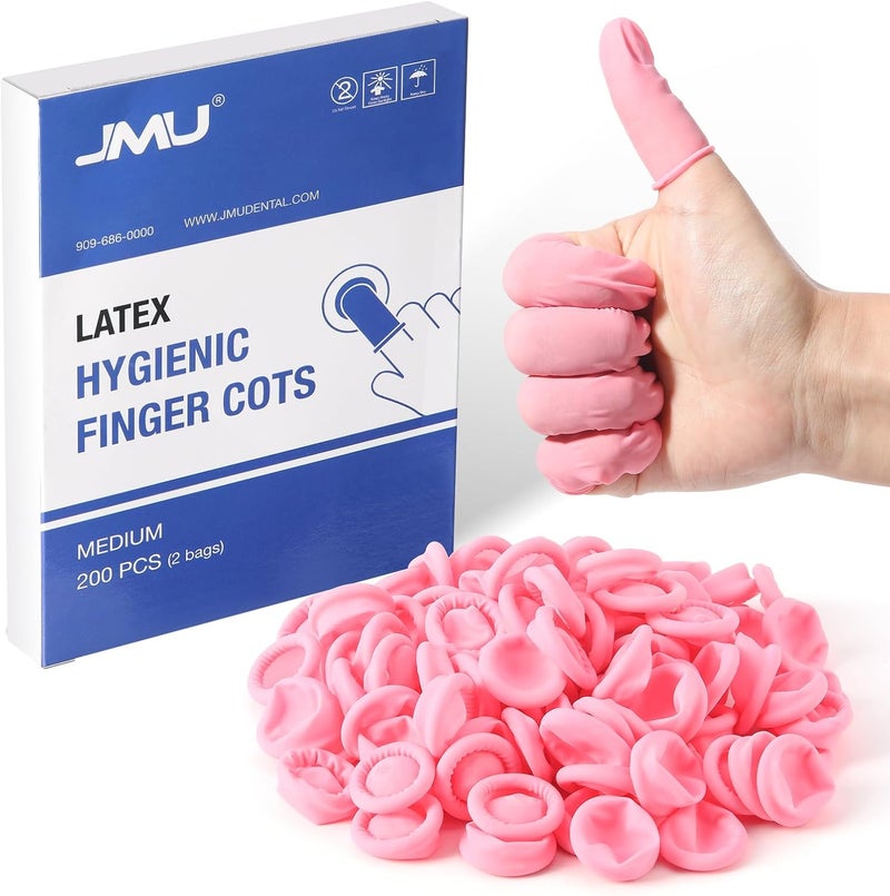 JMU أغطية أصابع اللاتكس متوسطة الحجم، واقيات أصابع قابلة للتخلص منها، قفازات أطراف أصابع مضادة للكهرباء الساكنة، وردي (200 قطعة) - Image 1